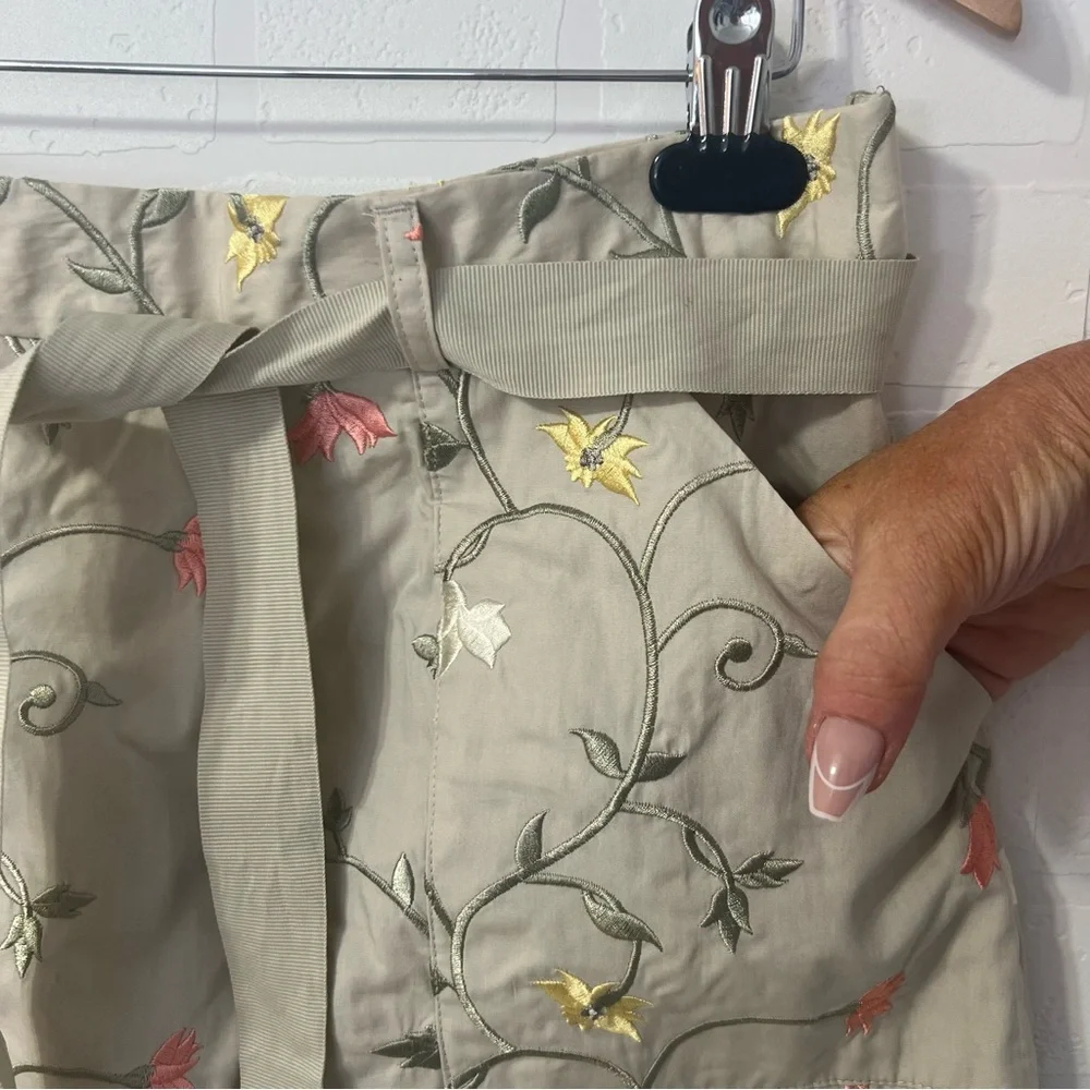 Orvis Tan Floral Embroidered A-Line  Cottagecore Grannycore Midi Skirt Cotton 14